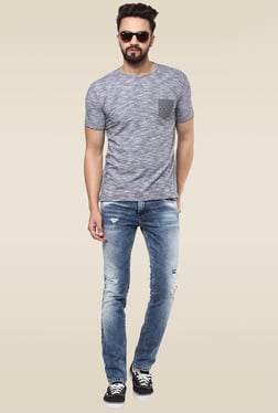 Mufti Dark Blue Acid Washed Mid Rise Jeans