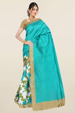 Ishin Off White & Turquoise Floral Print Art Silk Saree
