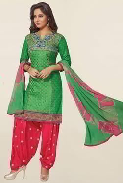 Salwar Studio Green & Pink Cotton Unstitched Patiala Suit