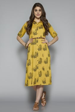 Bombay Paisley By Westside Yellow Printed Dress With Belt
