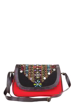 Pick Pocket Red & Black Embellished Canvas Sling Bag