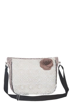 Pick Pocket Beige & Brown Lace Canvas Sling Bag