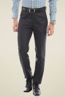 Peter England Grey Slim Fit Flat Front Trousers