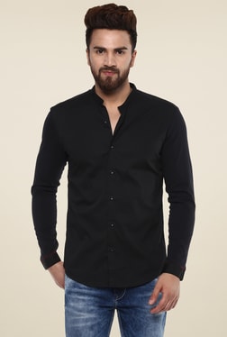 Details about   Shirt Mufti Men Black Slim Fit Solid Linen Casual  spread collar long sleeves