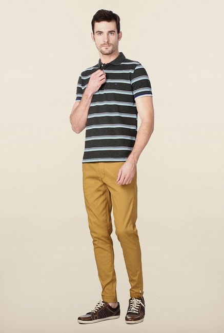 Peter England Grey Striped Polo T-Shirt
