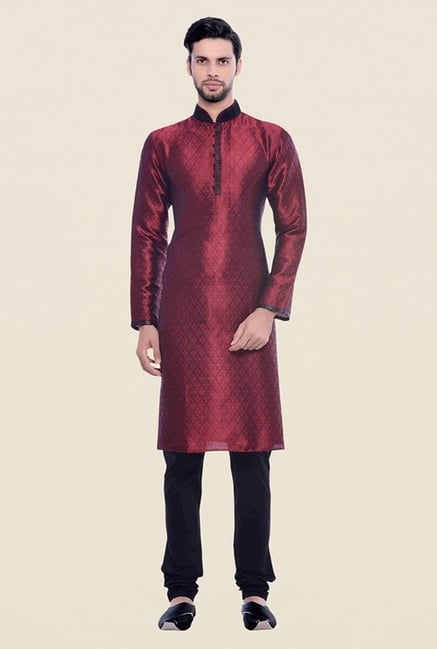 Buy Manyavar Maroon Black Self Design Kurta Churidar For