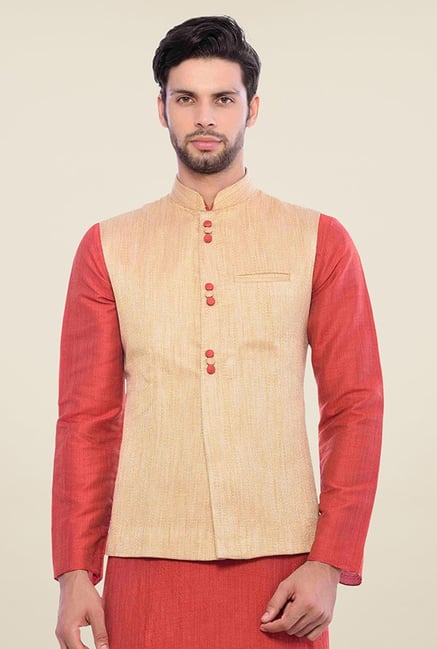 Buy Manyavar Beige & Red Kurta, Pyjama & Jacket For Men Online At Tata Cliq