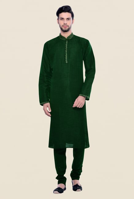 Manyavar Green Striped Kurta & Chudidar Set