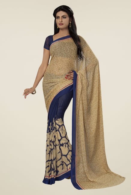 Ishin Navy & Beige Faux Georgette Printed Saree