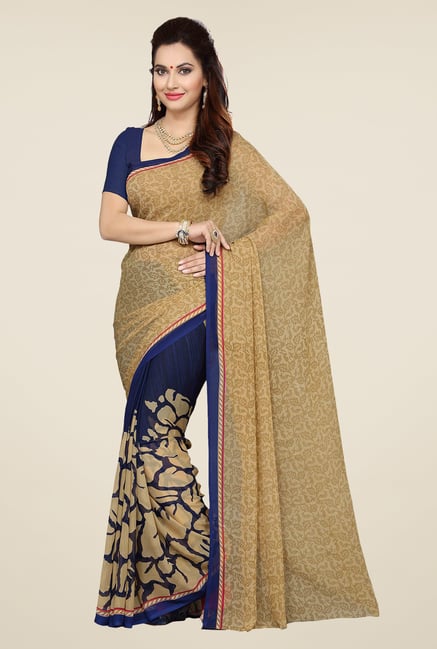 Ishin Navy & Beige Faux Georgette Printed Saree