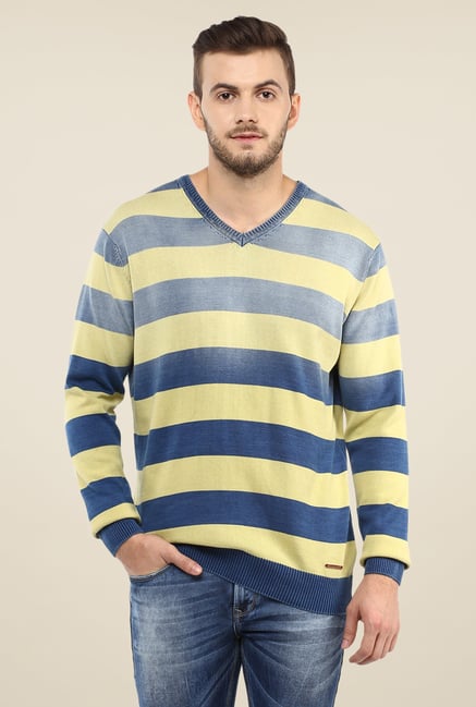 Spykar Yellow Blue Striped T Shirt