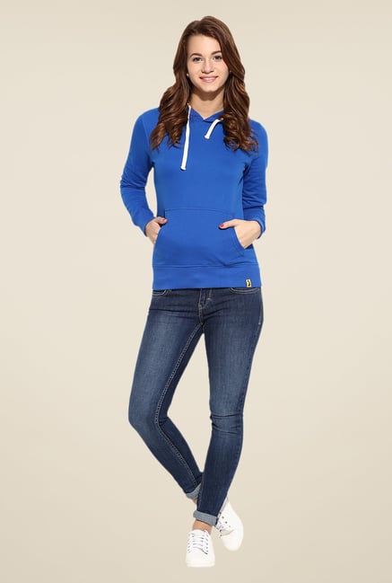 Campus Sutra Blue Solid Hoodie