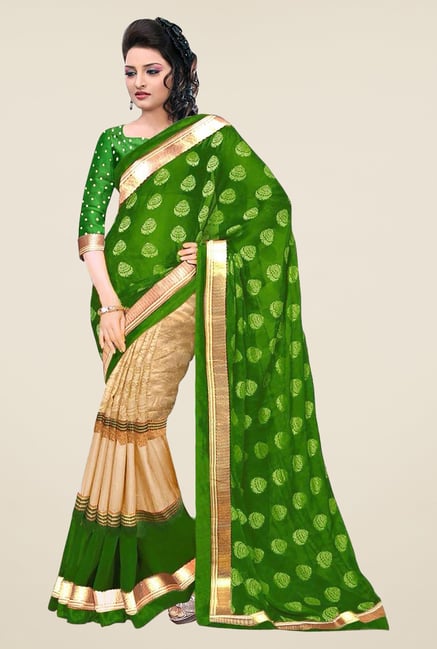 Ishin Beige & Green Printed Bhagalpuri Silk Saree