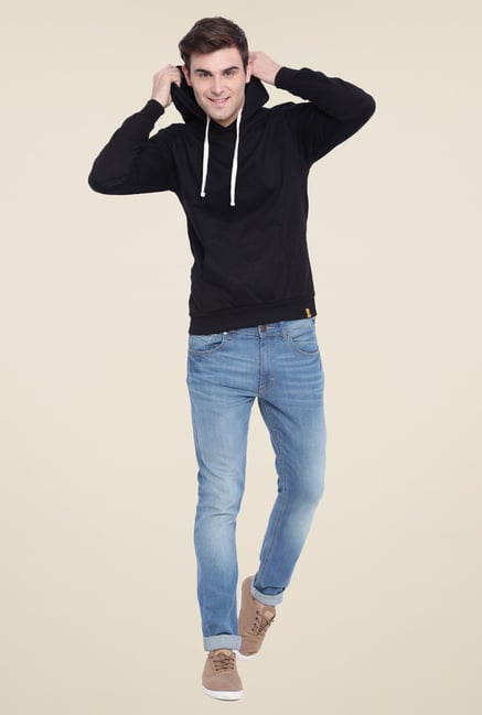 Campus Sutra Black Solid Hooded Sweatshirt