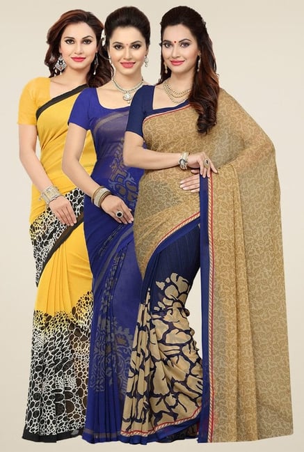 Ishin Yellow, Blue & Beige Printed Sarees (Pack of 3)