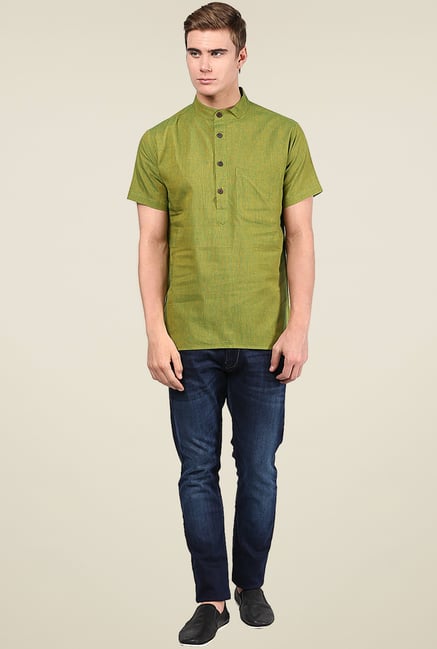 Abhiyuthan Green Solid Half Sleeves Kurta