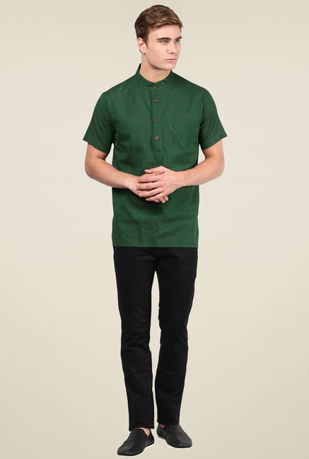 Abhiyuthan Dark Green Solid Half Sleeves Kurta