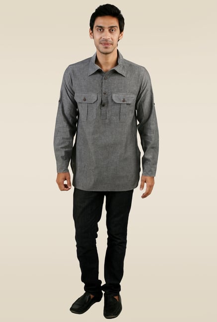 Abhiyuthan Grey Full Sleeves Kurta