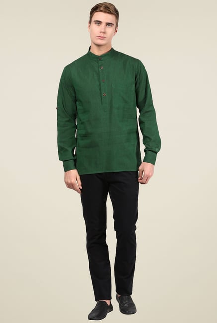 Abhiyuthan Dark Green Solid Cotton Kurta