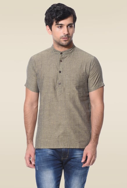 Abhiyuthan Khaki Jacquard Half Sleeves Kurta