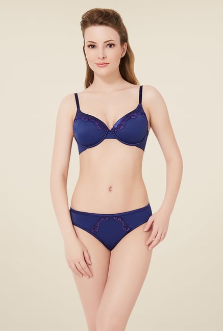 Zivame Cuppa Contrast Padded Bra with Low Rise Thong Panty- Blue