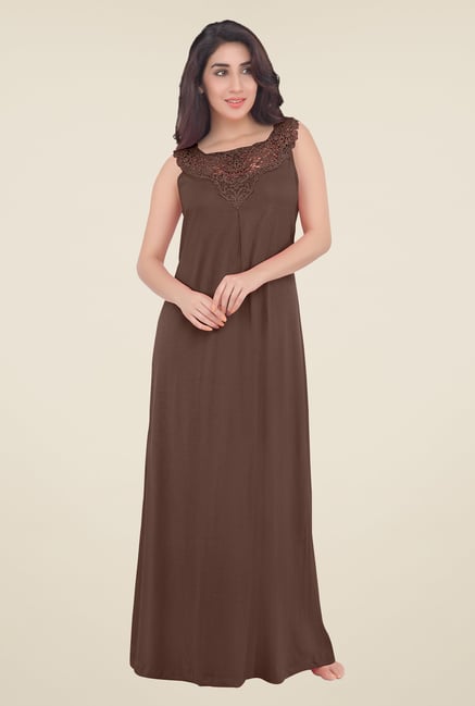 Isabeau Sheer Embellished Long Sleeve Evening Gown in Deep Cocoa | Oh Polly