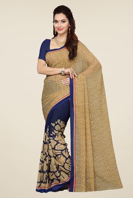 Ishin Navy & Beige Printed Faux Georgette Saree