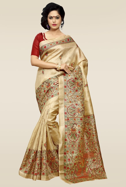 Saree Mall Beige Floral Print Khadi Silk Saree with Blouse Price in India