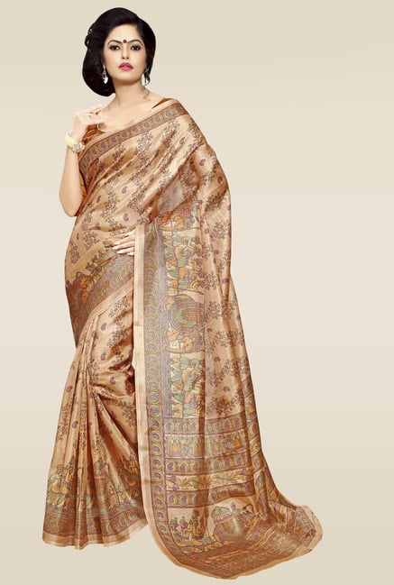 Saree Mall Brown Printed Khadi Silk Saree with Blouse Price in India