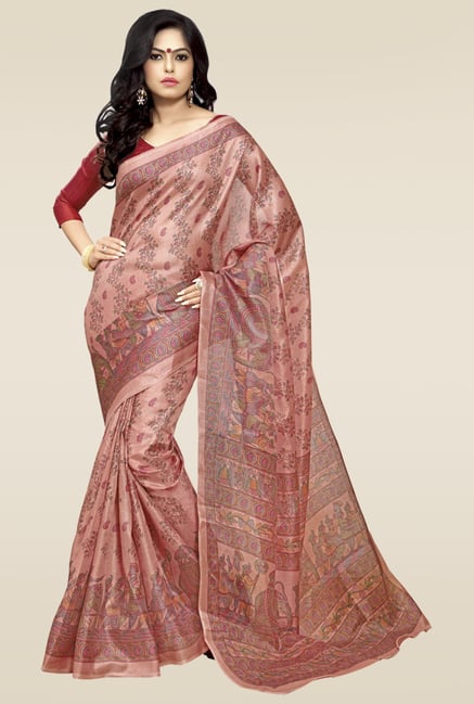 Saree Mall Pink Printed Khadi Silk Saree with Blouse Price in India