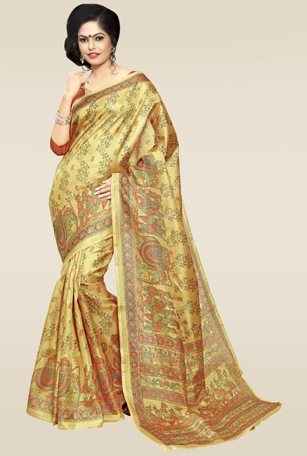 Saree Mall Yellow Printed Khadi Silk Saree with Blouse Price in India