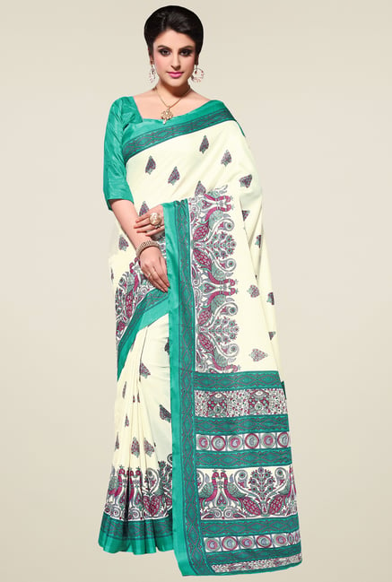 Saree Mall Off-White & Green Manipuri Silk Saree with Blouse Price in India