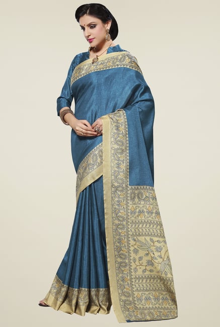 Saree Mall Blue Printed Manipuri Silk Saree with Blouse Price in India