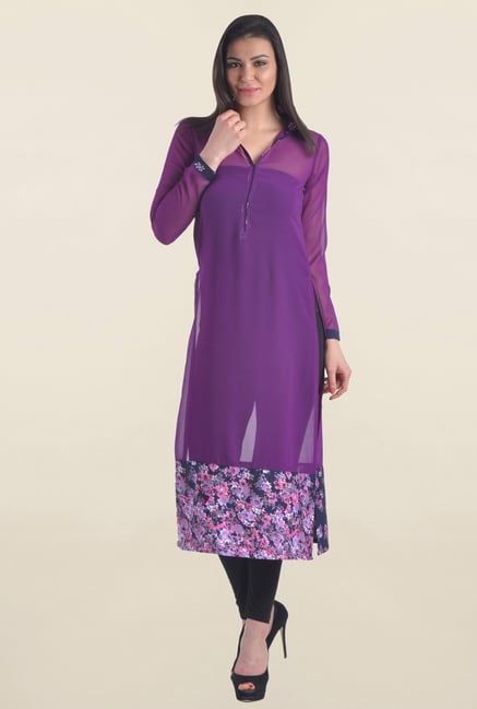 Buy Drapes Silhouettes Purple Floral Print Georgette Kurta For