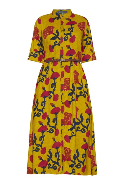 Buy Bombay Paisley by Westside Mustard Floral Print Shirt Dress Online ...