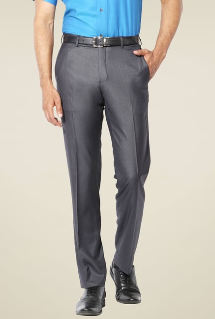 Van Heusen Grey Solid Slim Fit Mid Rise Flat Front Trousers