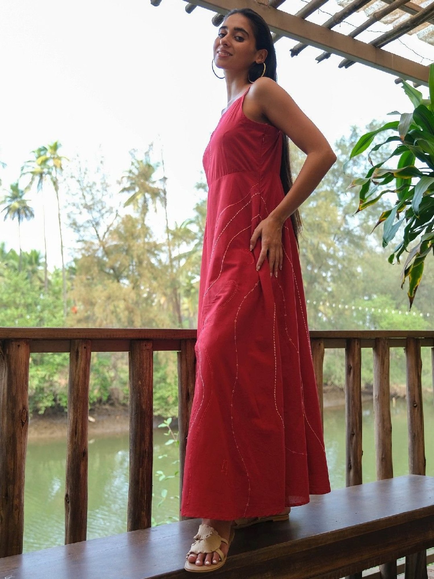 Pure Cotton Halter Neck Midi Red Dress Hand Block Printed | Indiehaat –  Indiehaat.com