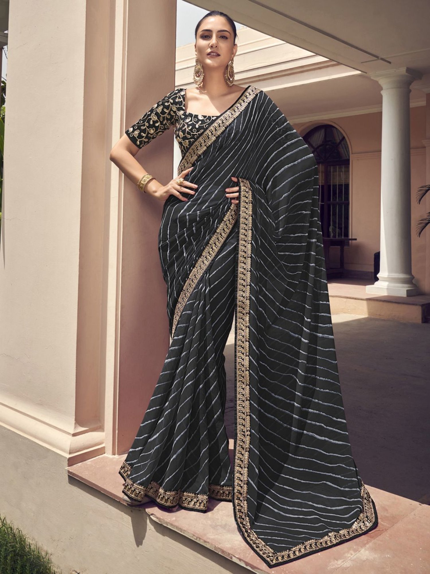 Silk Linen Black colour Plain Saree with contrast border and attached Blouse  (Any Colour Customizable)-Indiehaat – Indiehaat.com