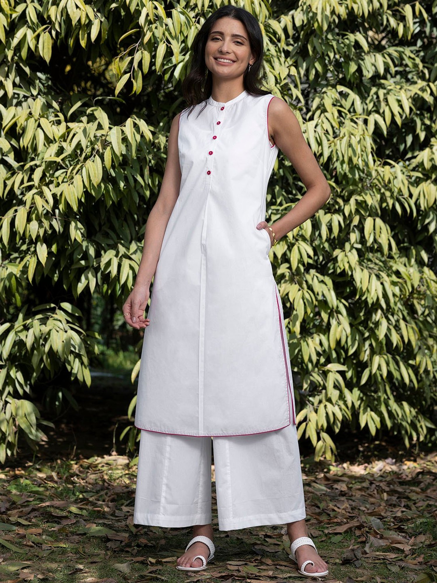 Twara off-white floral vine design chinese collar & 3/4th sleeve rayon  straight-cut knee-length kurti