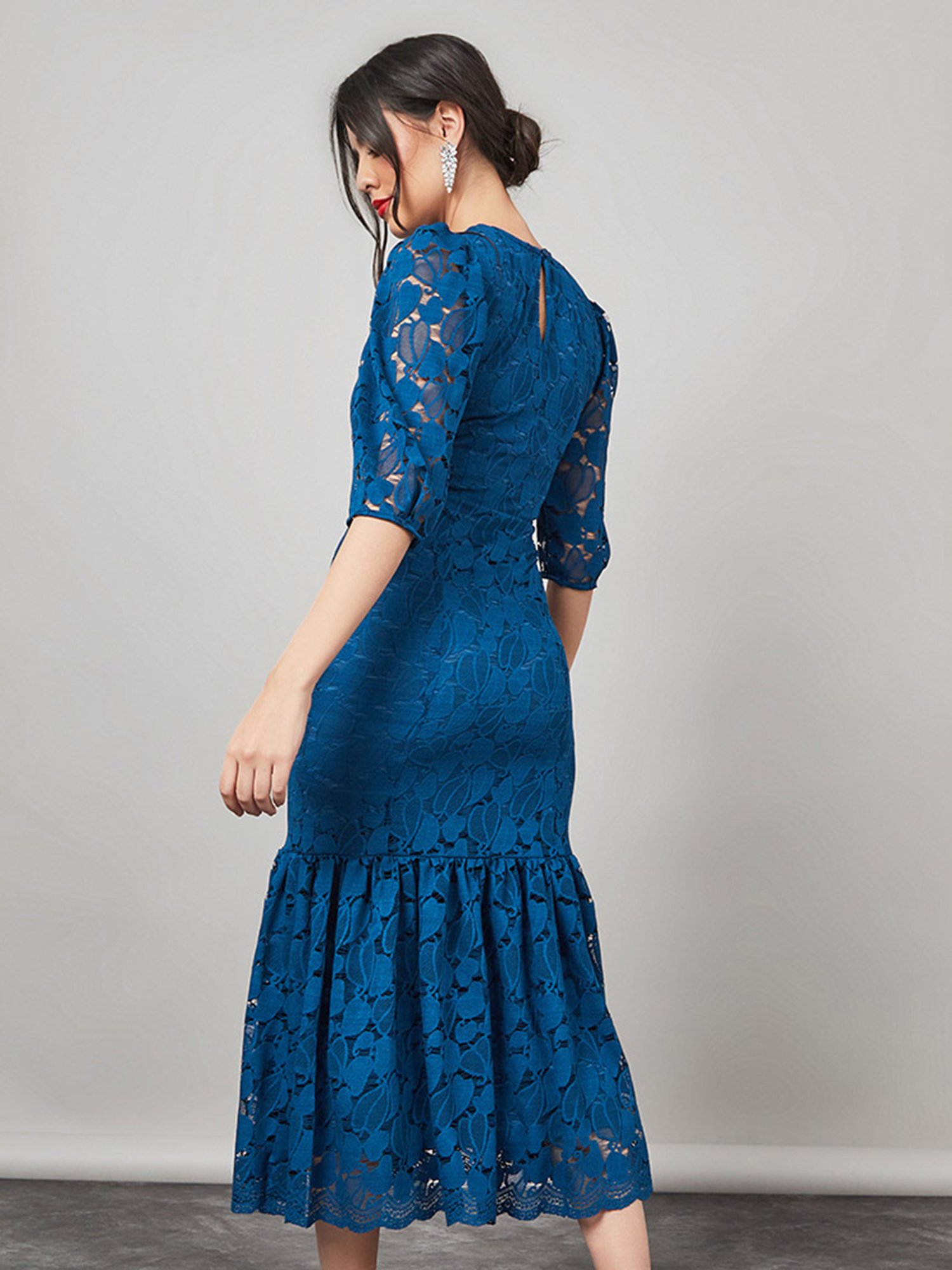 ASOS DESIGN Premium lace midi dress with ruffle detail in blue | ASOS