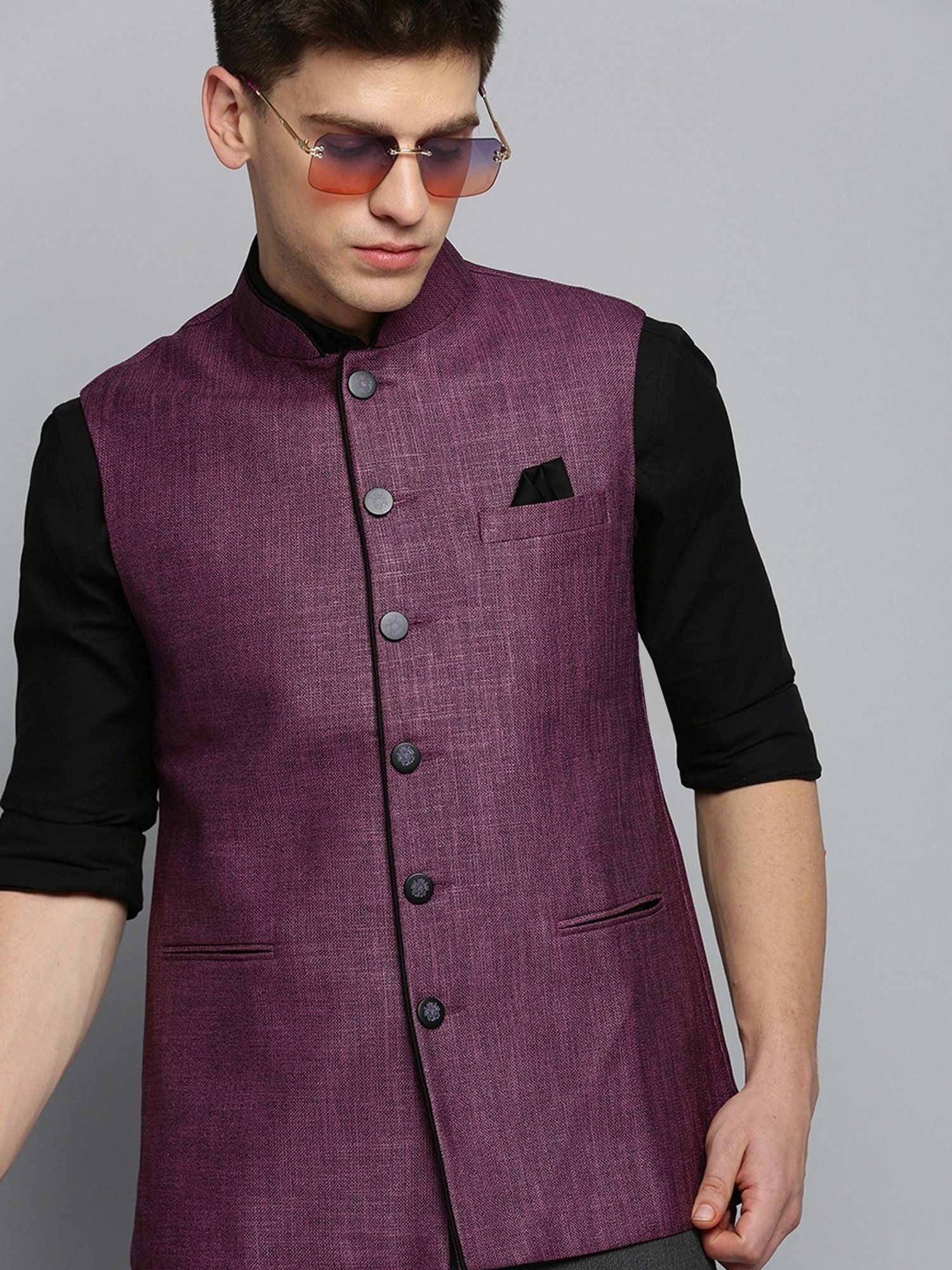 Knitted Terry Rayon Wine Dobby Slim Fit Sleeve Less Ceremonial Nehru J