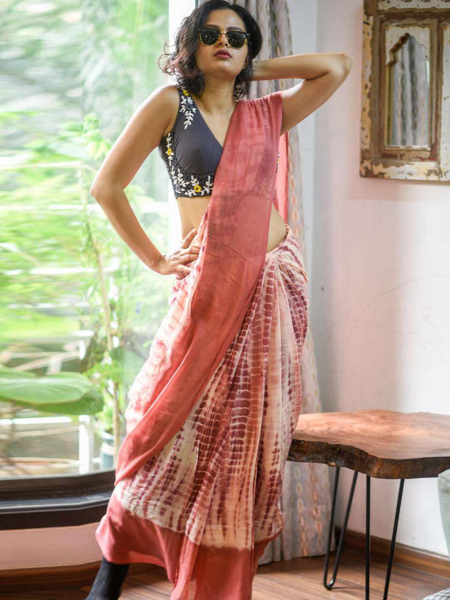 Capillary waves red and white tie dye slub cotton saree with zari border  along with blouse - The Epicstyle - 3452135