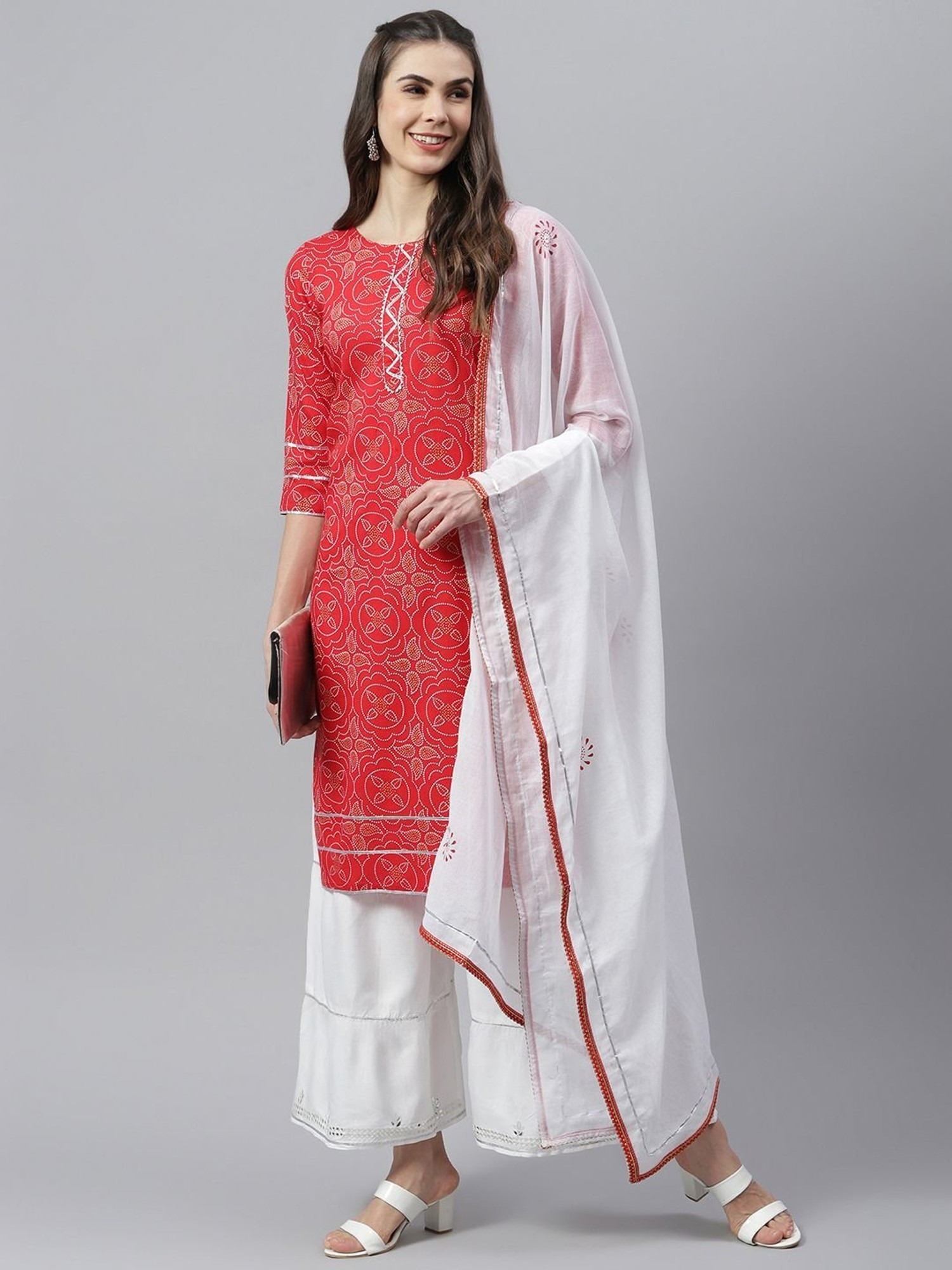 Women Red Flower Printed White Kurti With Pant and Dupatta