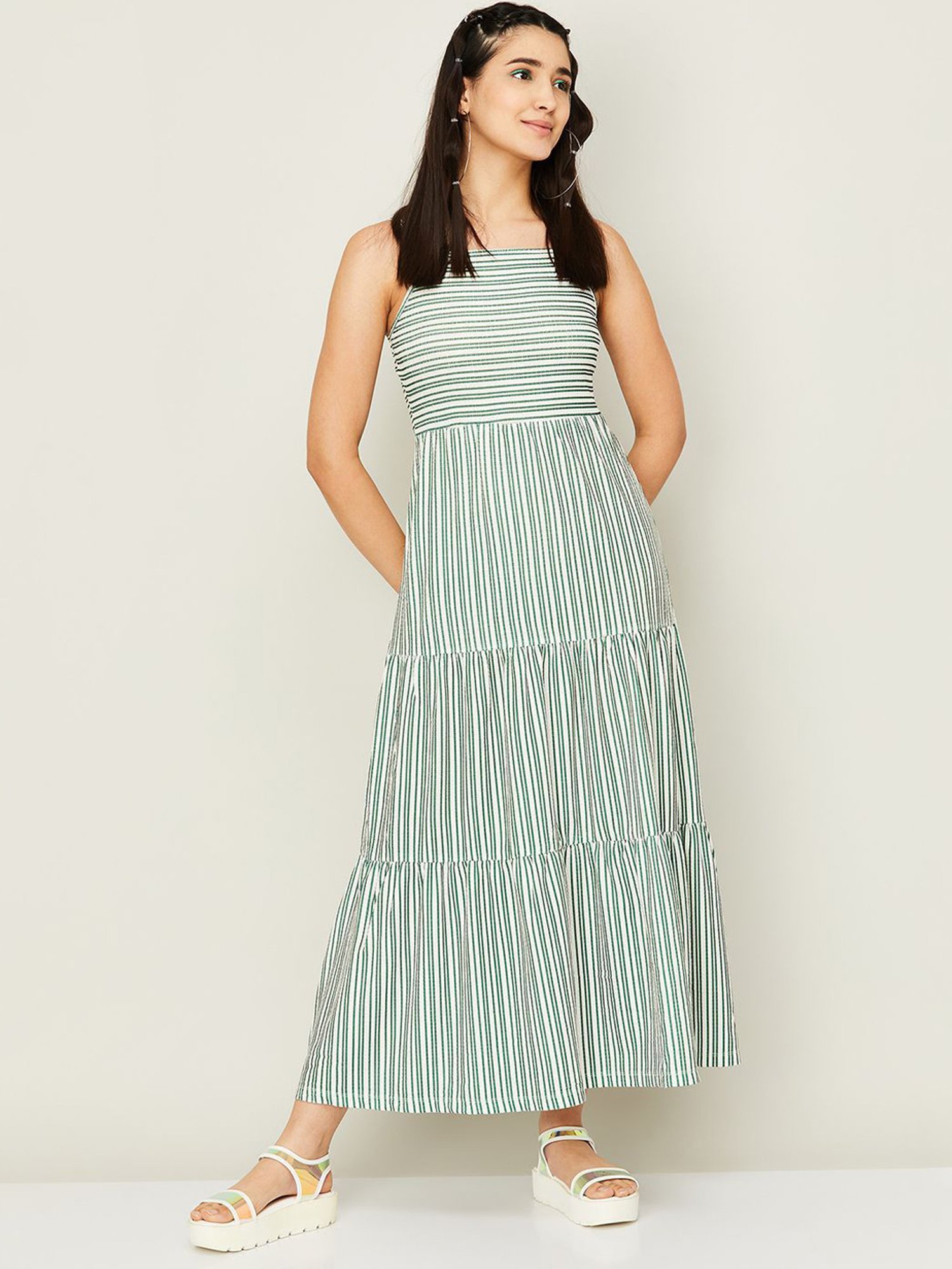 Green and white sales striped maxi dress