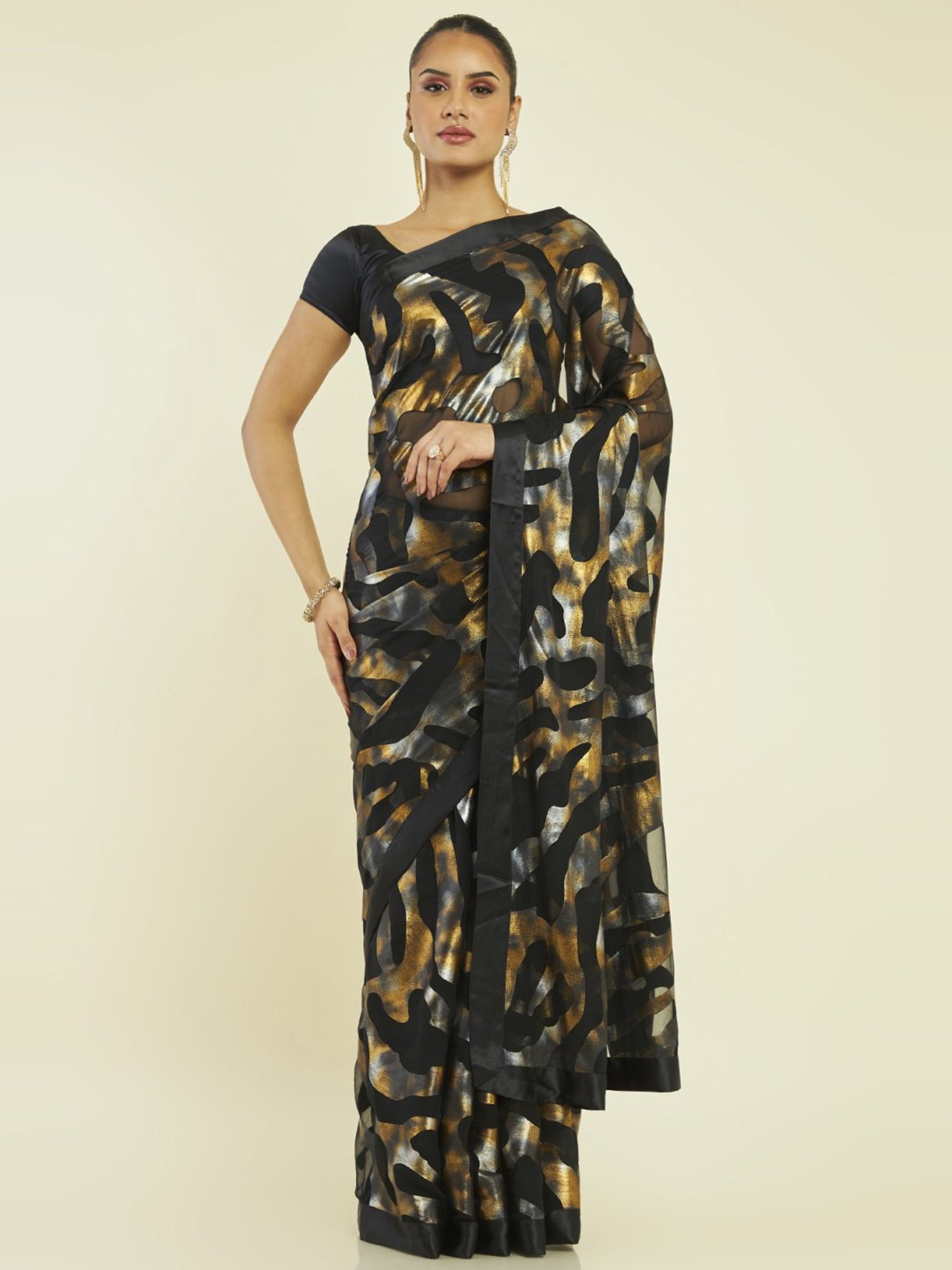 Black Georgette Saree With Ethnic Embroidery And Stones at Soch