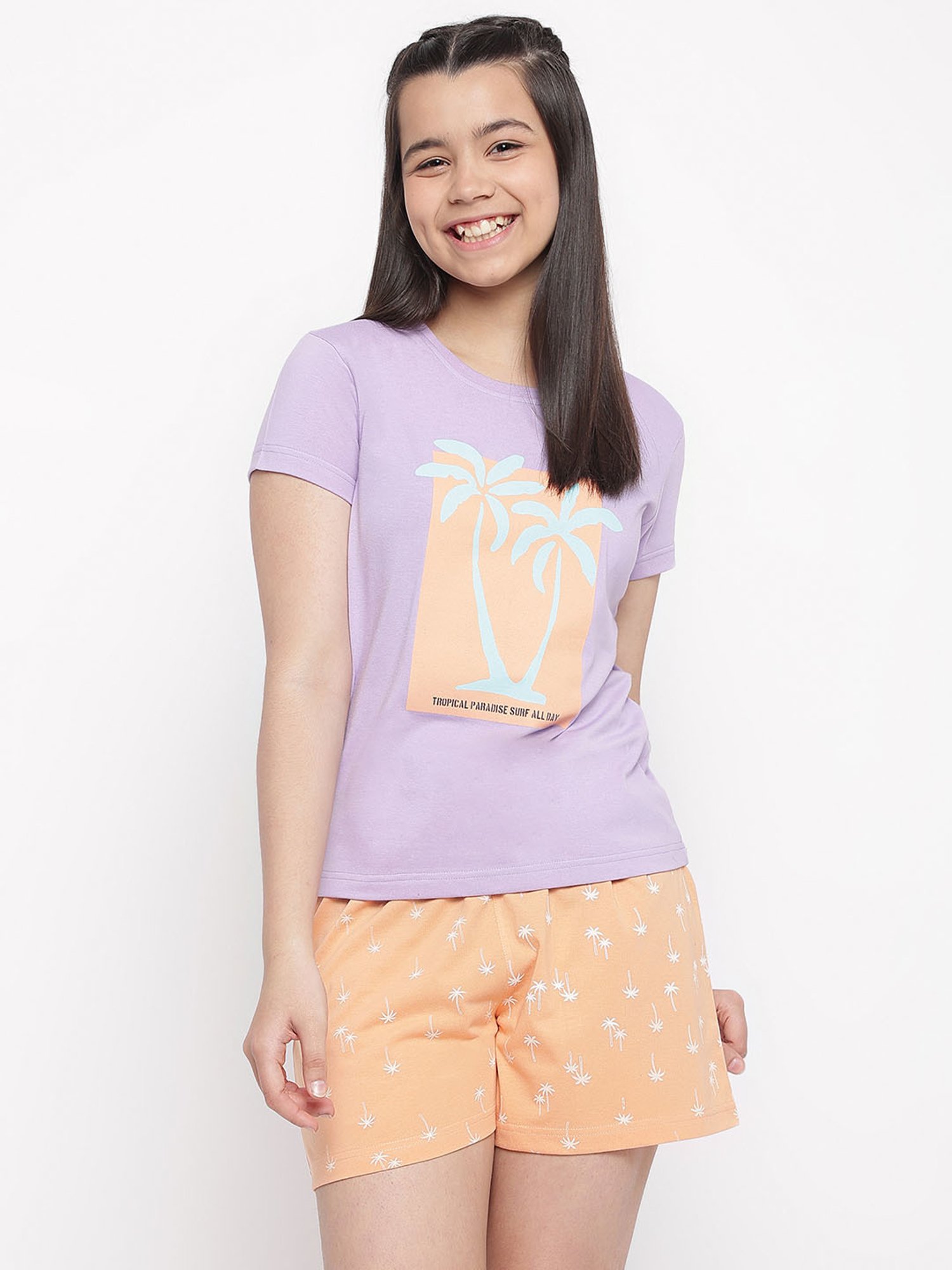 Buy Lil Tomatoes Kids Purple & Peach T-Shirt with Shorts for Girls