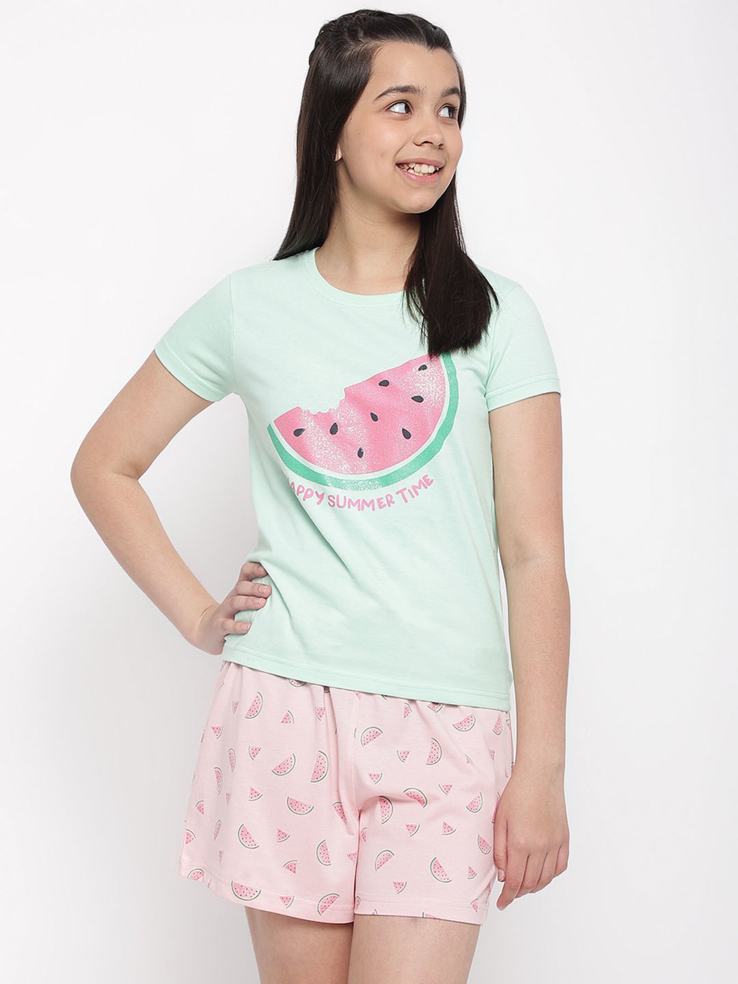 Lil Tomatoes Girls Green \u0026 Pink Printed T-Shirt with Shorts