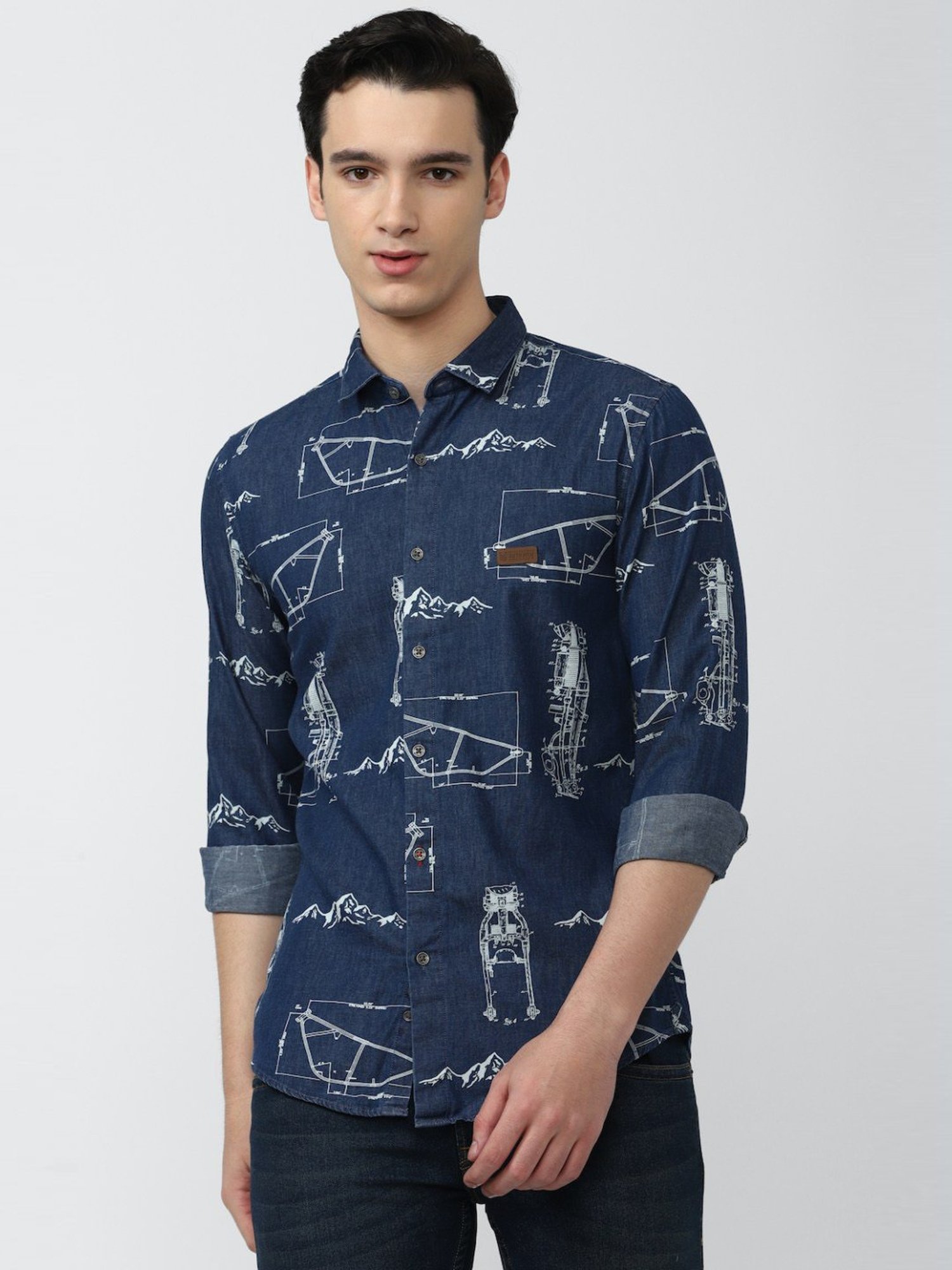 Men's Navy Blue Rayon Printed Casual Shirts