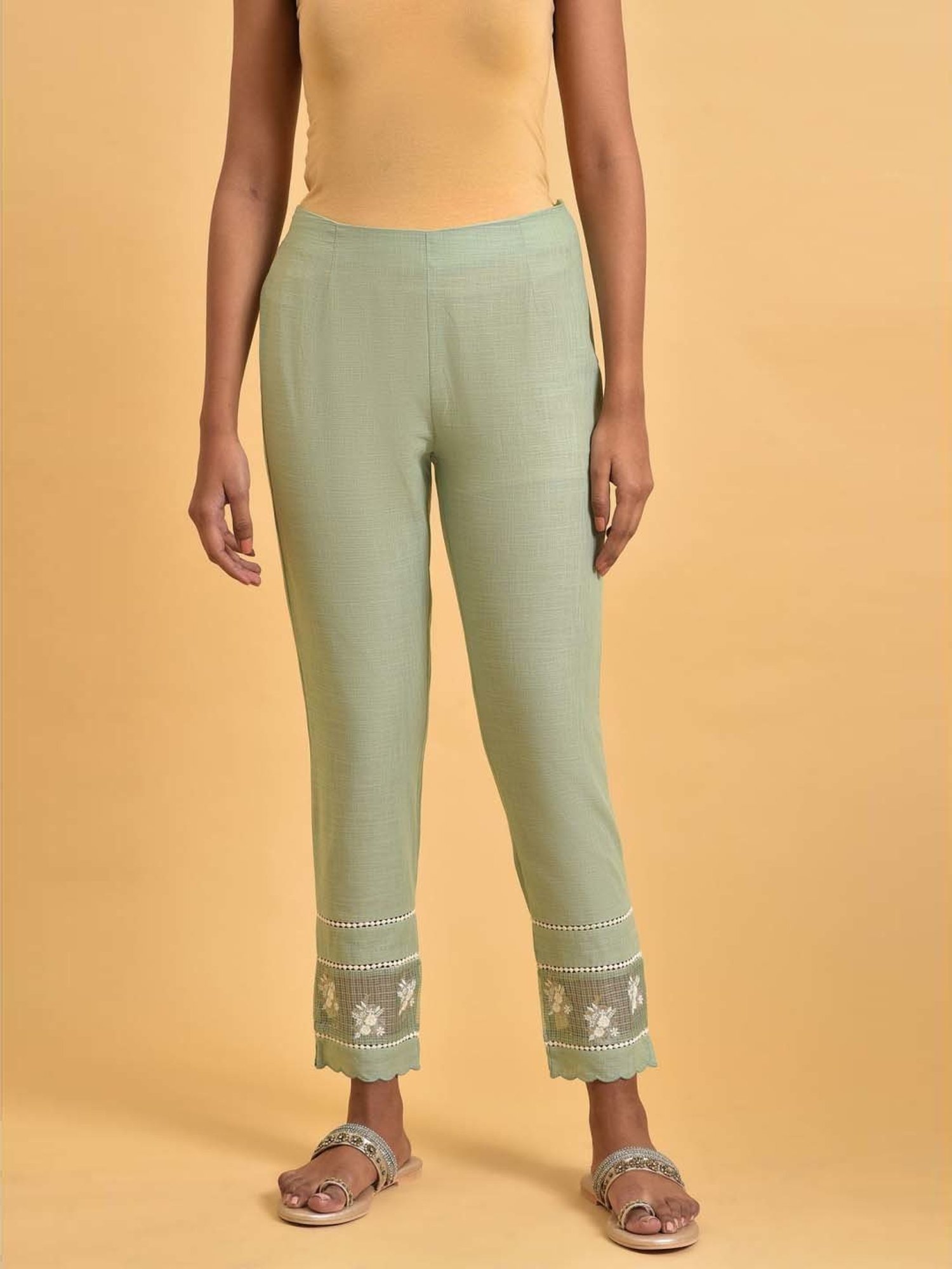 Lyra Green Cotton Ankle Length Pants