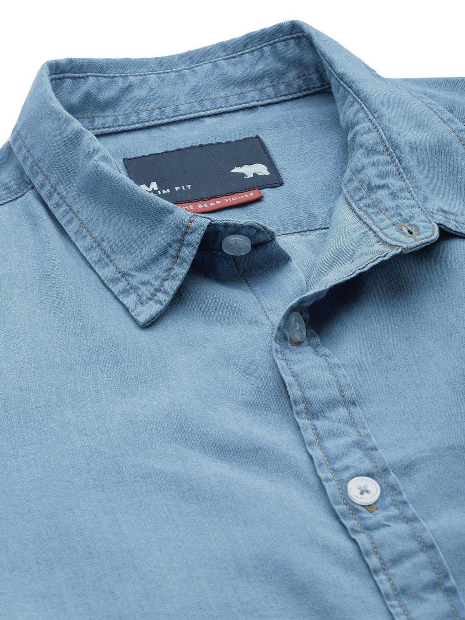 Buy THE BEAR HOUSE Men Blue Solid Slim Fit Denim Cotton Casual Shirt With  Flap Pocket online